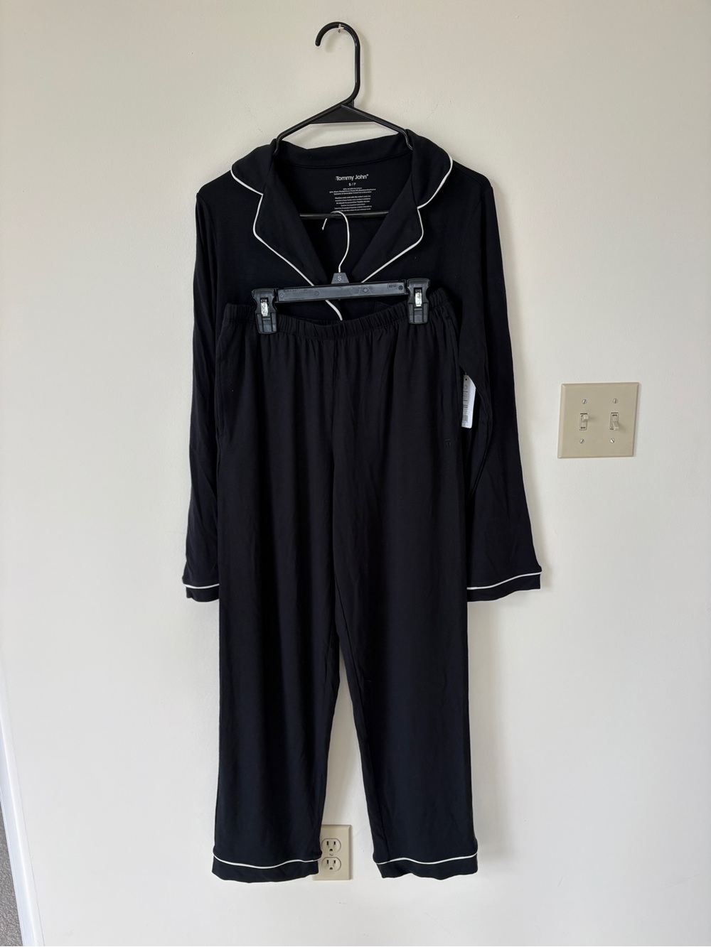 Tommy John Black Pajama Set with White Piping Trim